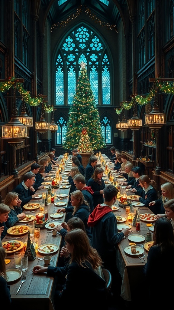 The Great Hall at Hogwarts decorated for Christmas with students enjoying a festive feast.